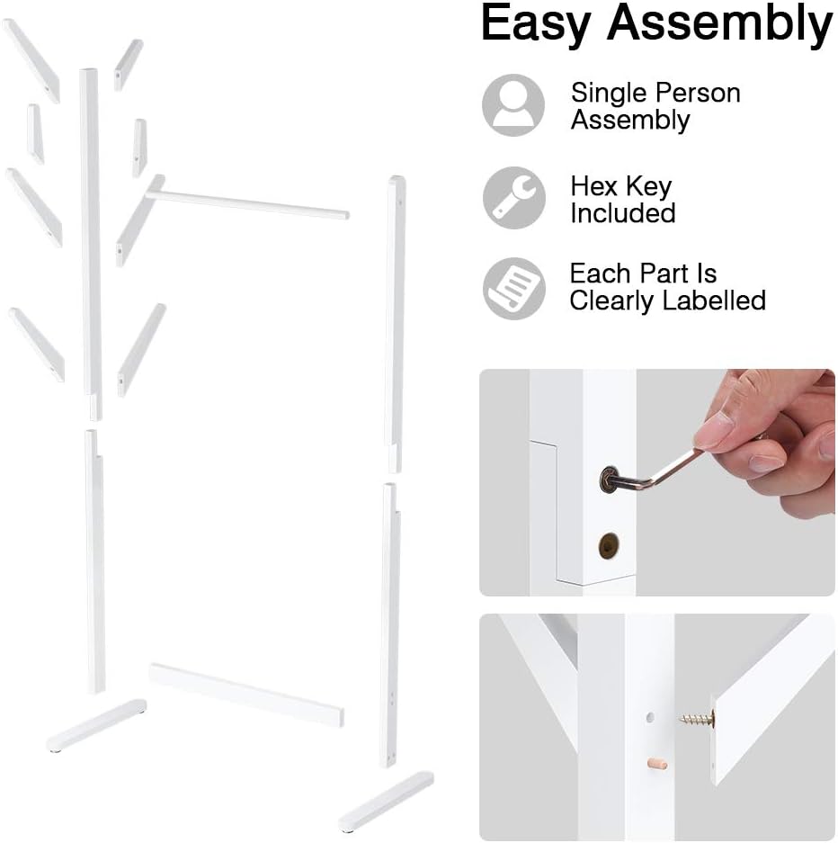 LANGRIA Single Rail Bamboo Garment Rack with 8 Side Hook Tree Stand Coat Hanger and Four Stable Leveling Feet for Jacket, Umbrella, Clothes, Hats, Scarf, and Handbags (White)
