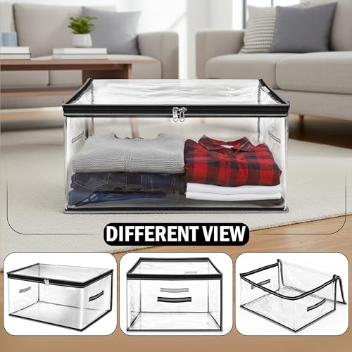 Image of Storite PVC Wardrobe Bag Underbed Moisture Proof Cloth Storage Organizer, Storage box for Clothes Saree Bags with Zippered Closure & Handle (Transparent, 42x33x22 cm)