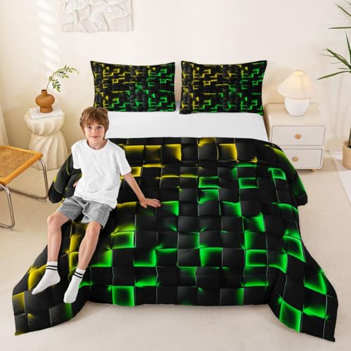 Image of Erosebridal Geometric Checkered Comforter Set Toddler Neon Yellow Green Bedding Set for Kids Boys Teen Gamer Room Decor,Abstract Ombre Plaid Comforter Grids Quilt Duvet Black