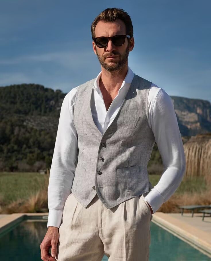 Men's Summer Linen Suit Vest Slim Fit Vintage Dress Vest Beach Wedding Casual Waistcoat for Party Groomsmen4