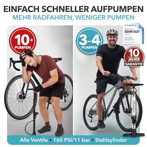 Fahrradpumpe alle Ventile * Test SEHR GUT - 10 Jahre GARANTIE * Leistungsstarke Luftpumpe Fahrrad– Fahrradpumpe Französisches Ventil - Standpumpe mit Manometer - Pumpe Standluftpumpe