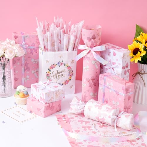 Image of Larcenciel Pink Tissue Paper for Packaging, Bow Balloon Gift Wrap Tissue Paper for Gift Bags, Boxes & Crafts, Pretty Packing Supplies for Birthday, Wedding, Anniversary, Holiday, 60 Sheets 20x14in