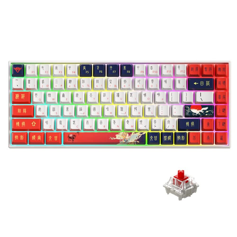 Fawoonu K84 84 Keys Three-mode Mechanical Keyd BT5.0+2.4G+Wired Connection PBT Keycaps Red (Gateron Red Switches)