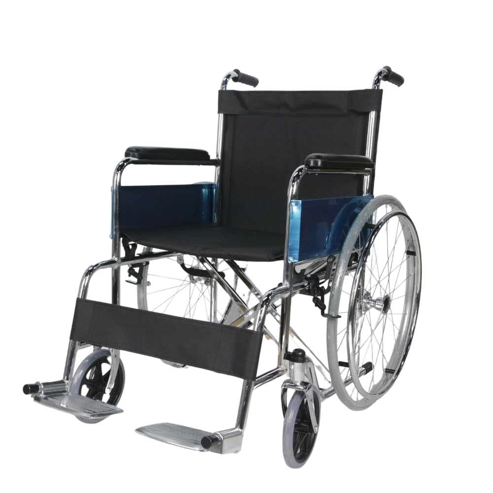 Silla de ruedas plegable, Ligera, Autopropulsable, Freno de estacionamiento, Asiento 46cm, Reposapiés abatibles,Bolsillo Trasero, Reposabrazos acolchados, Resistente,Marca españa