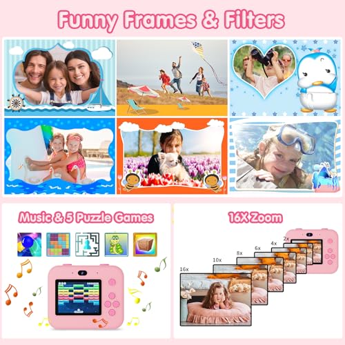 Kids Instant Print Selfie Camera for Girls,1080P HD Digital Camera for Kids with Print Paper & 32GB Card, Christmas Birthday Gifts Kids Toys for 3-12 Years Old (Pink) - Image 4