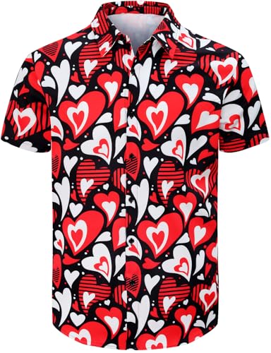 COSAVOROCK Valentinstag Hemd Herren Liebe Herz Shirts Casual Kurzarm Hawaiihemd, Rot, XXL