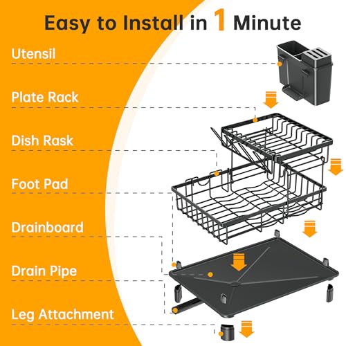 Image of 2 Tier Large Detachable Dish Drying Rack for Kitchen Counter,Black | Compact Drying Rack Kitchen, Rust-Resistant Dish Drainer Organizer, Space-Saving Dish Racks with Drainboard, Utensil Holder