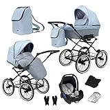 Retro Kinderwagen 3in1 2in1 Isofix Kombikinderwagen Set + Zubehör Farbauswahl Romantic Black by ChillyKids Blue Sky ROM-14 4in1 Autositz +Isofix