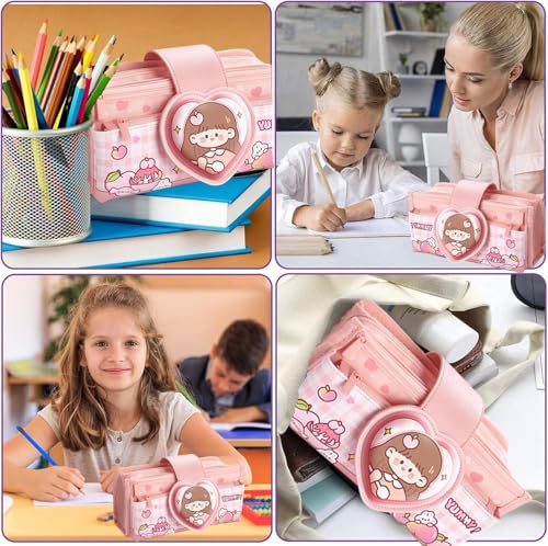 Image of Invite Canvas Kawaii Pencil Case 3 Compartment Cute Aesthetic Pencil Case for Girls Large Capacity Pen Pencil Pouch Multifunctional Stationery Organizer for School Office Kids (Heart shape-Light Pink)
