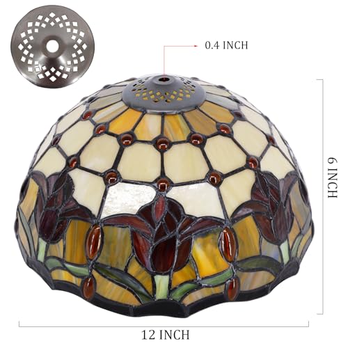 Image of 12Inch Tiffany Stained Glass LampShade Replacement Only (Red Tulip Flower) | Stained Glass Style Lampshade with Cap fit for Table lamp Pendant Light Ceiling Fixture