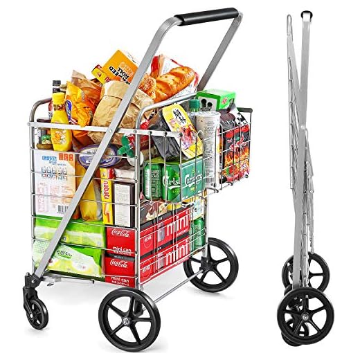 Wellmax Shopping Cart with Wheels, Metal Grocery Cart with Wheels, Shopping Carts For Groceries, Folding Cart For Convenient Storage And Holds Up To 160lbs, Dual Swivel Wheels and Extra Basket, Silver