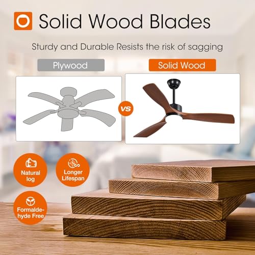 Image of addlon 52 Inch Solid Wood Ceiling Fans with Lights and Remote Control | 3CCT dimmable light, quiet reversible DC motor, 6 speeds, memory, timer; bedrooms, living rooms, covered patios and gazebos