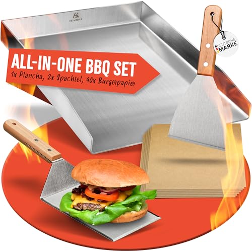 HEIMZONE Plancha Grillplatte 40x30cm [NEUE VARIANTE 2026] - Edelstahl-Platte mit auslaufsicheren Ecken & Grillzubehör [2x Grill-Spachtel & 40x Burger-Papier] - für jeden Grill geeignet