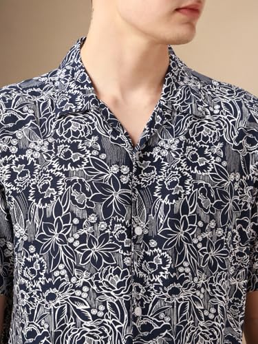 Image of Dennis Lingo Men Navy Blue Rayon Half Sleeve Cuban Collar AOP Shirts