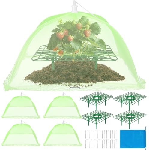 NODMIPNS 4 Sets Strawberry Plant Support with Mesh Cover - Square Gardening Frame Animal Barrier Iron Stakes & Storage Bag for Healthy Strawberries Tomatoes Veggies (Green) (4 pcs)