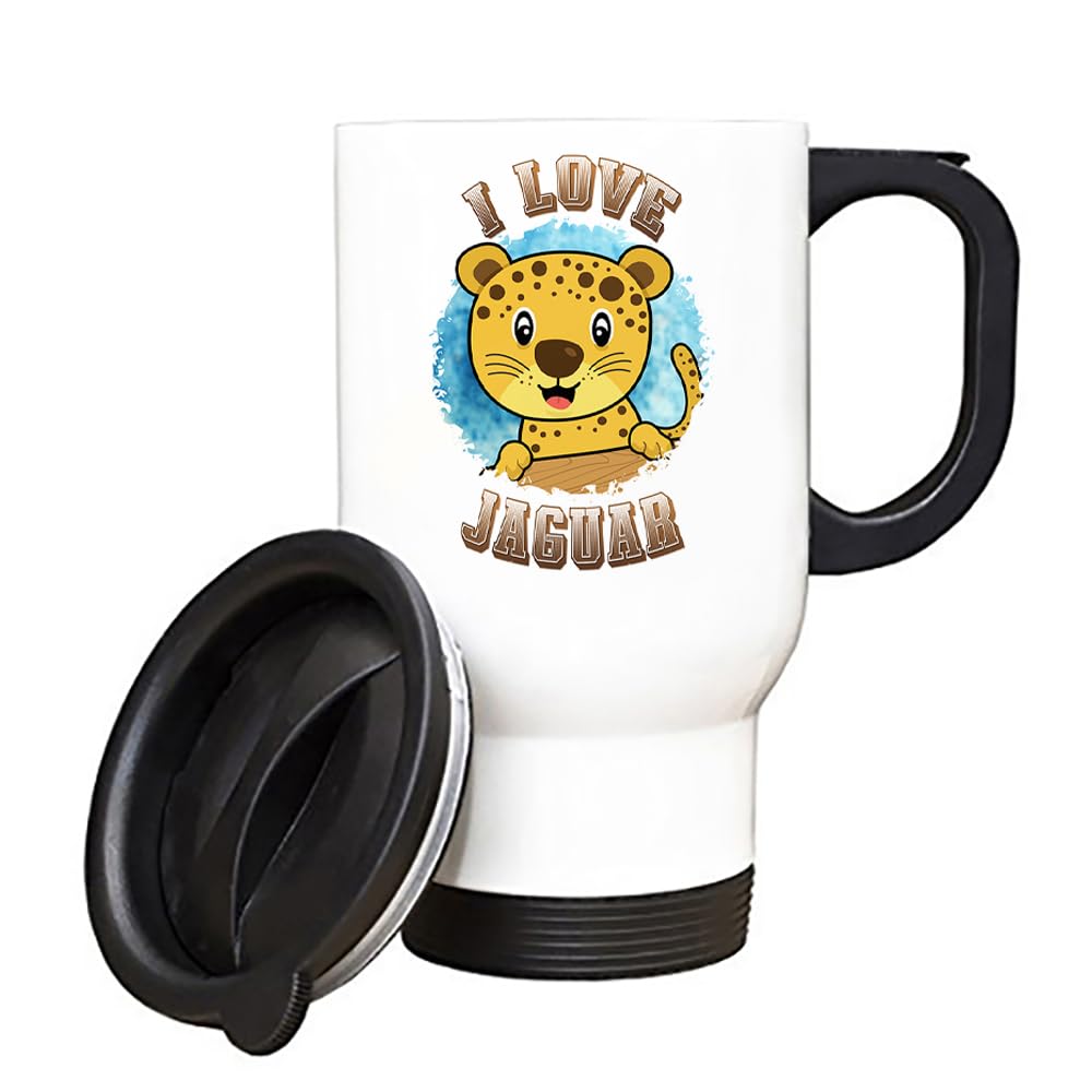 Jaguar Love, Best Gift for Animal Lovers, I Love Jaguars Design, Insulated Travel Mug, Tea, Coffee Mug. (White)
