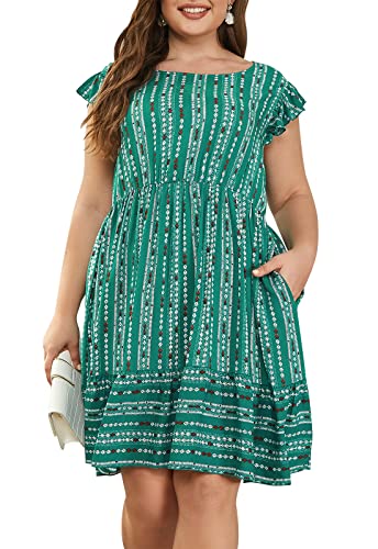 Image of Keluummi Plus Size Midi Dress for Curvy Women Wedding Guest Summer Floral Empire Waist Short Sleeve with Pockets