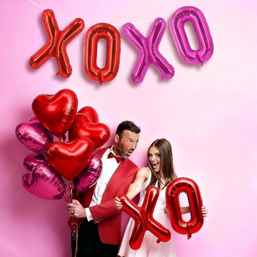 Image of Red XOXO Heart Balloons 6 Pcs Valentines Day Balloons Red Pink Heart Shaped Balloon XOXO Foil Balloon Letters for Girls Women Anniversary Sweet Valentine Day Romantic Decor Special Night Party
