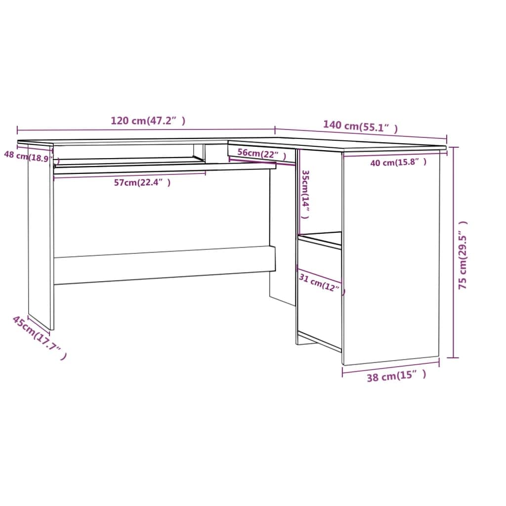 Biurko narożne w kształcie litery L, betonowo-szare, 120 x 140 x 75 cm, materiał drewnopochodny z wysuwaną półką na klawiaturę, 2 otwarte półki, stół biurowy do domowego biura, gabinetu i