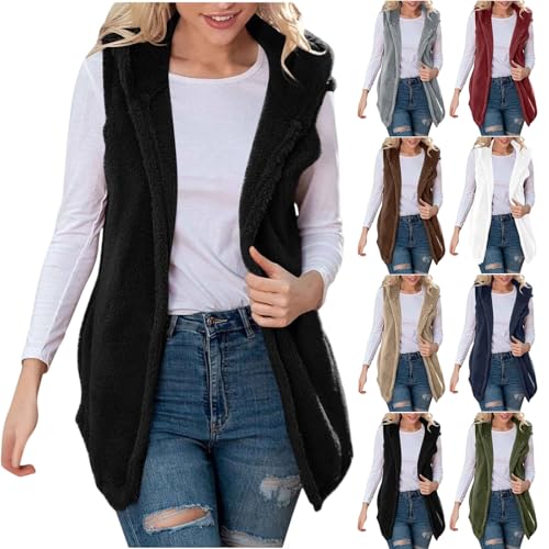 Womens Fuzzy Fleece Cardigan Vest Comfy Casual Sleeveless Lightweight Hooded Jackets with Pockets