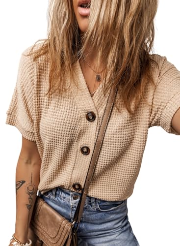 Image of Dokotoo Womens Summer Tops 2026 Waffle Knit Button Down Shirts Casual V Neck Short Sleeve Shacket Jacket Dressy Blouses