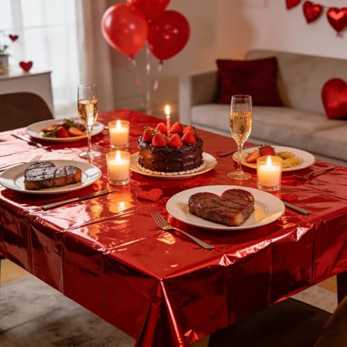Image of 10 Pcs Valentine's Day Foil Table Cloth Disposable Rectangle Tablecloths 54 x 108 Inch Red Pink Foil Metallic Waterproof Table Cover for Valentine's Day Events Birthday Parties Wedding Decorations