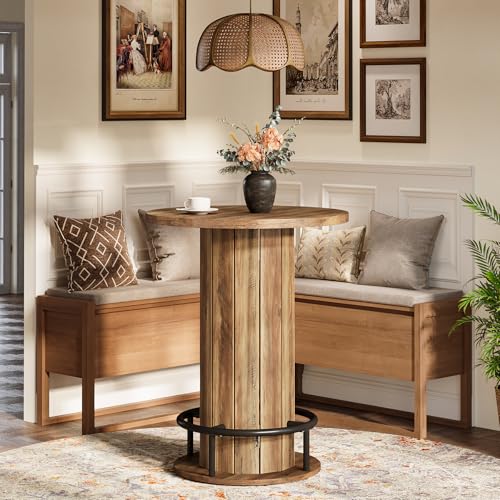 Image of Tribesigns Round Dining Table, Bar Height Commercial Kitchen Table with Wood Strip Base and Footrest, for Dining Room, Restaurant, Cafe, Bakery, School, Apartment, Brown (Only Table)