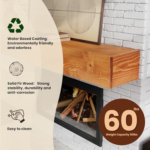 Image of Floating Mantel Shelf - Wood Fireplace Mantel, Wall-Mounted, Weight Capacity 60lbs, 72 X 9 X 6 inch, Oak