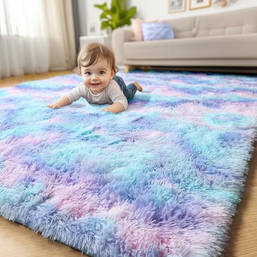 Amdrebio Purple Rainbow Area Rugs for Bedroom Girls Room Decor, Colorful Mermaid Stitch Frozen Kids Rugs for Playroom Nursery Dorm, Fluffy Furry Cute Shag 3x5 Small Kawaii Carpet for Baby Toddler