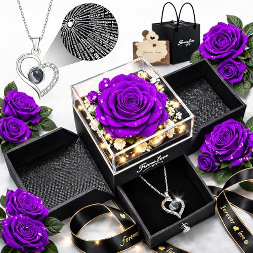 cdco Forever Love Preserved Real Rose with Heart Necklace, Mothers Day Gifts for Mom, Wife, Anniversary Birthday Gifts for Women – Projects “I Love You” in 100 Languages