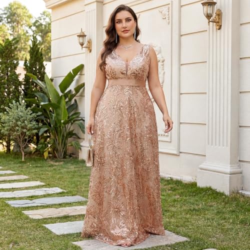 Image of Plus Size Formal Dresses for Women with Embroidery Sequin and V-Neck, A-Line Maxi Dress for Wedding and Cocktail
