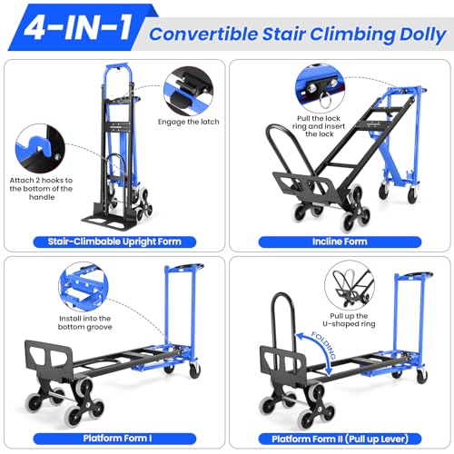 Image of 1000LBS Convertible Hand Truck, Heavy Duty Foldable Aluminum Stair Climbing Dolly with Solid Wheels for Moving /Office /Travel (Blue)