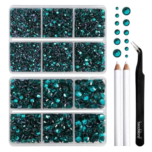 Image of BEADSLAND Hotfix Rhinestones, 6080PCS Blue Zircon Rhinestones for Clothes Crafts Mixed 6 Sizes with Wax Pencil and Tweezers Kit, SS6-SS30, Blue Zircon