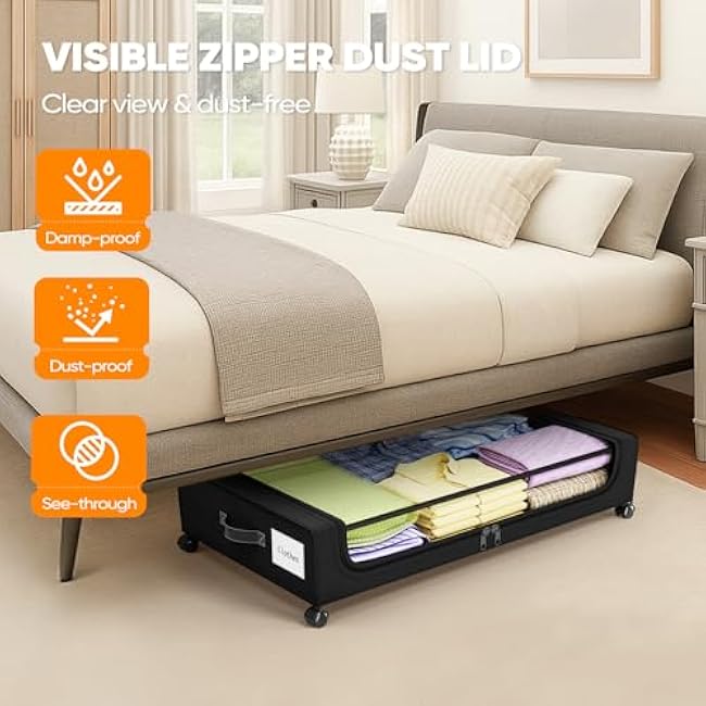 Under Bed Storage with 360¡ã Wheels, 2-Pack, 60L Low-Profile Rolling Underbed Bins for Clothes, Shoes, Toys & Books,Easy Pull-Out, Dust Protection, Space-Saving Organizer for Bedroom/Dorm, Black