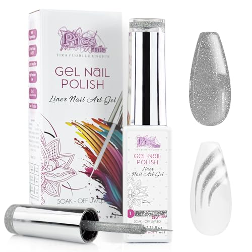 Pics Nails UV Gel Nail Polish - Quick Dry & Highly Pigmented Gel Nail Art Polish - UV-Led Gel Liner Nail Art Lovers Adore - Gel Liner Nail Polish for Precise Lines - Silver Glitter Gel Nail Polish