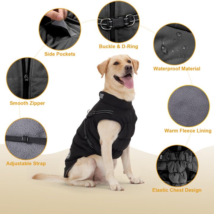 Hundemantel, Winter Hundejacke Wasserdicht Winddichte mit bauchschutz, Outdoor Hunde Wintermantel Hundeweste mit Fleece Gefütterte Reflektierend für Kleine Mittelere und Große Hunde