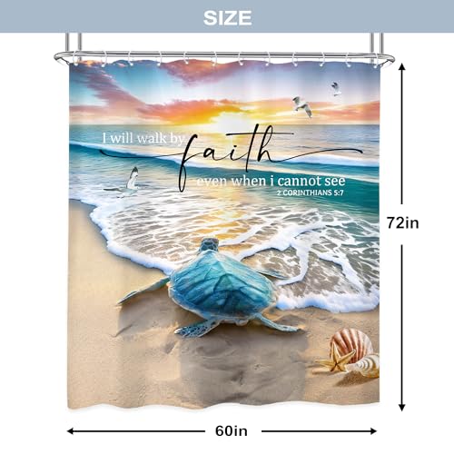 Newsely Beach Sea Turtle Ocean Shower Curtain 60Wx72H Inch Bible Verse Summer Animal Inspirational Quote Shower Curtain Bathroom Set Coastal Hawaii Scenery Waterproof Decoration Accessories Home Decor - Image 3
