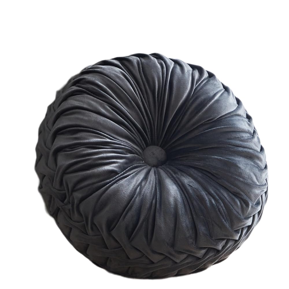 Oreiller rond 38 cm gris foncé pour canapé et sol en velours plissé