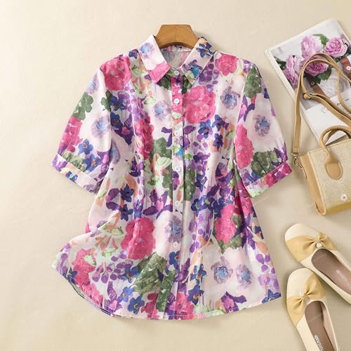 Image of Gufrina Women Mustard Multicolor Floral Print Button-Down Shirt with Elbow Sleeves and Collar Neck in Soft Breathable Fabric Ideal for Casual wear and Relaxed Styling