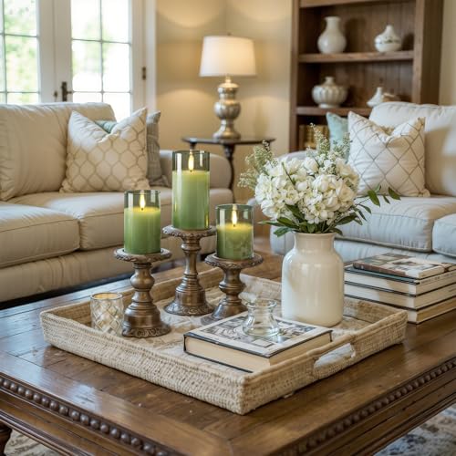 Image of Homemory Green Glass Flameless Candles, Battery Operated LED Pillar Candles with Remote Control and Timer, Radiance Candles, Real Wax, Set of 3,D3 xH4 5 inch 6 inch