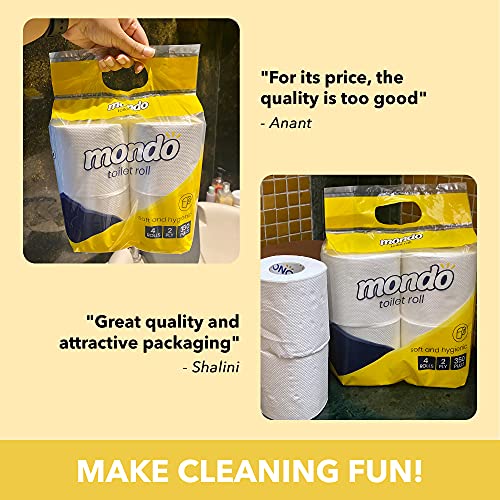 Image of Mondo Toilet Roll Tissue (2 Ply, 350 Pulls) | Pack of 4 Rolls | 100% skin safe FDA approved, OBA free | Septic-safe bath tissue | Compatible with all dispensers | Toilet Tissue Paper Roll