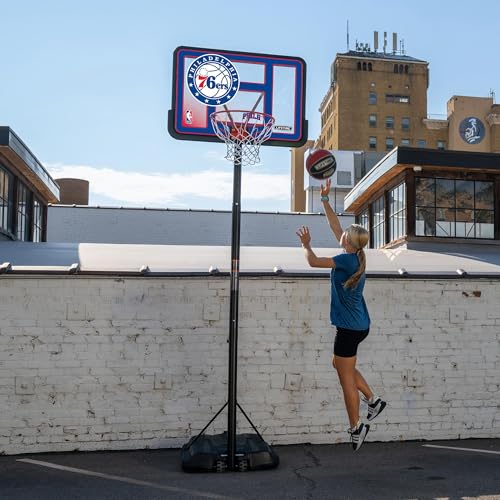 Image of Lifetime NBA Philadelphia 76ers Portable Basketball Hoop, Adjustable Height 7.5-10 Ft, 44 Inch Shatterproof Fusion Backboard, Base with Wheels