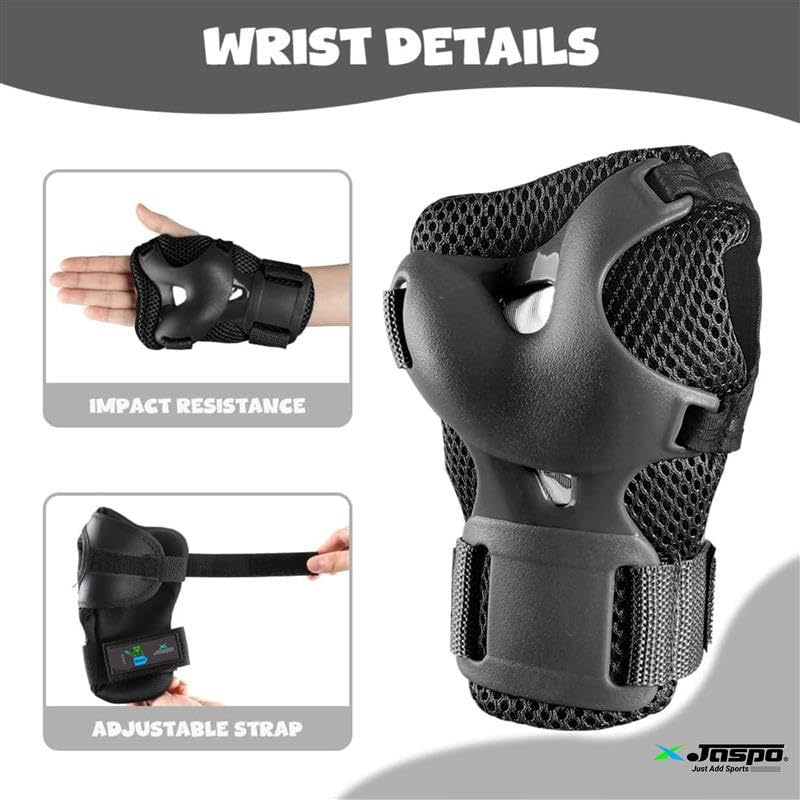 Image of Jaspo Secure Hybrid Protective Gear Set - Knee, Elbow, and Wrist Guards with HDPE Shell, Polyester Mesh, EVA Foam & Soft PU Cushioning for Skating, Cycling