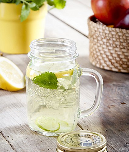 Bormioli Rocco Italian manico in vetro barattolo, tazze, 396,9 gram (4 pezzi), colore: Oro, con coperchio e panno - immagine 4