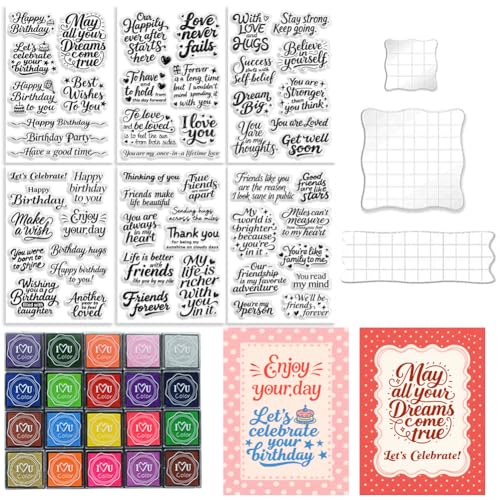 GLASSWINDS 6 Pcs Greeting Words Clear Stamps for Card Making 20 Ink Pad