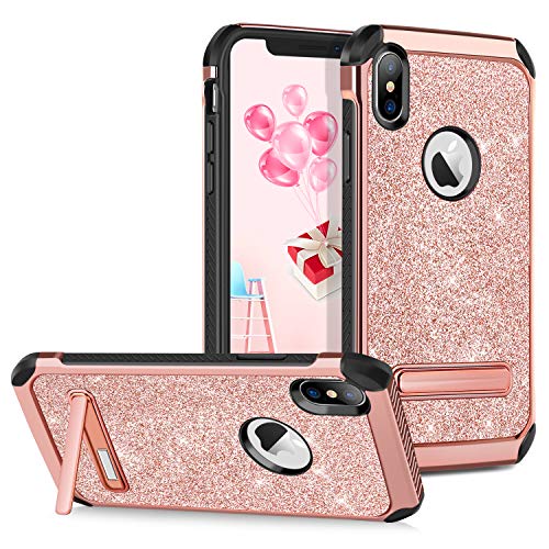 iPhone XS Case iPhone X Case Kickstand GUAGUA Girls Women Glitter Bling Slim Fit Hybrid Hard PC Cover with Shinny Faux Leather Shockproof Protective Cases for iPhone X/XS,Rose Gold