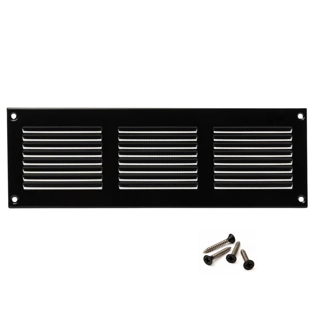 300x100mm / 12x4 inch Black Metal Ventilation Grille with Flyscreen - Air Vent Cover