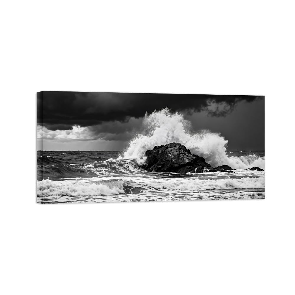 OZPWBVY Black White Landscape Wall Art. Sea Waves. Picture 20x40cm Unframed