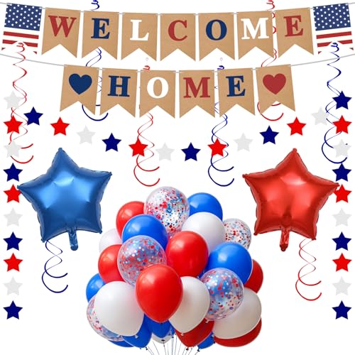 Welcome Home Decorations Pre-Strung Welcome Home Banner & Balloons Kit with Star Garland | Homecoming Party Supplies for Military Family Reunion Travel Return
