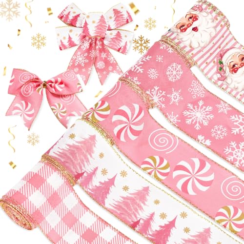 AnyDesign 30 Yards Christmas Wired Edge Ribbon 2.5 Inch Pink White Checkered Snowman Snowflake Craft Ribbon Gold Glitter Wired Fabric Ribbon for Wrapping DIY Bow Wreath Crafts Making 5 Rolls